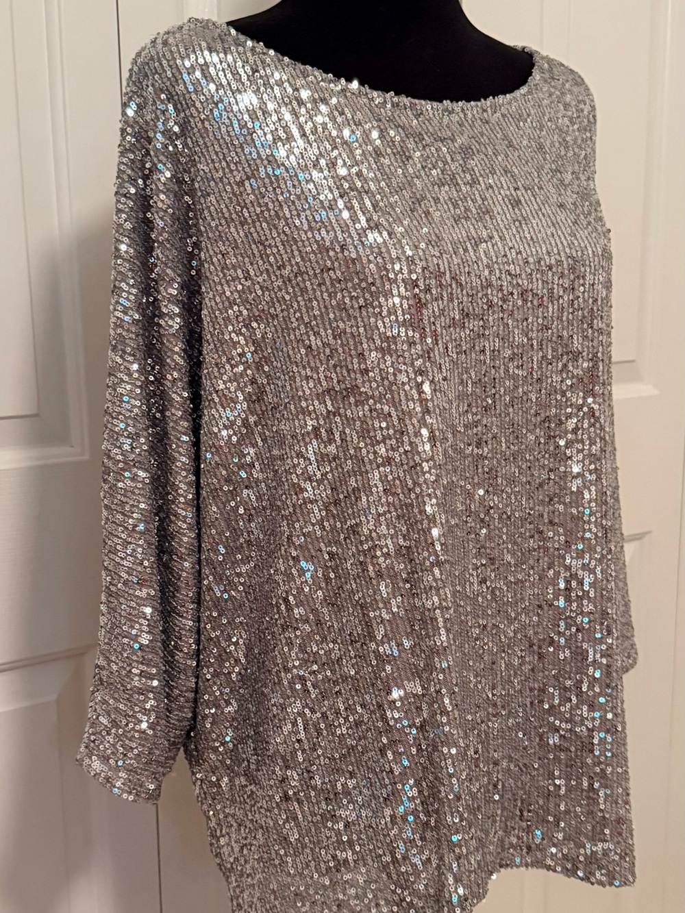 Cable & Gauge Silver Sequin Scoop Neck Pullover Party Dinner Disco Holiday